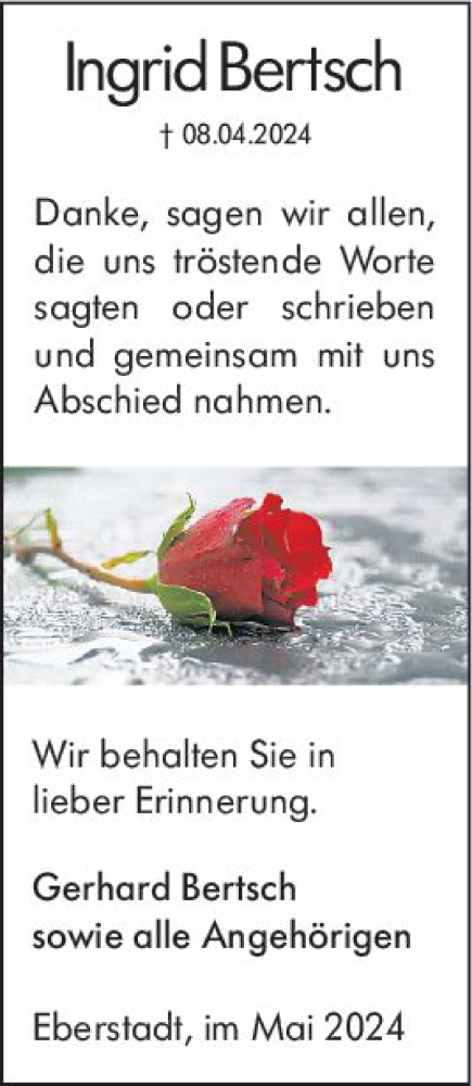 Traueranzeige von Ingrid Bertsch von Darmstädter Echo
