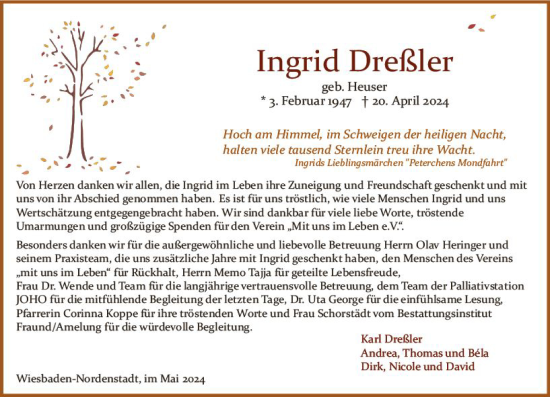 Traueranzeige von Ingrid Dreßler von Wiesbadener Kurier