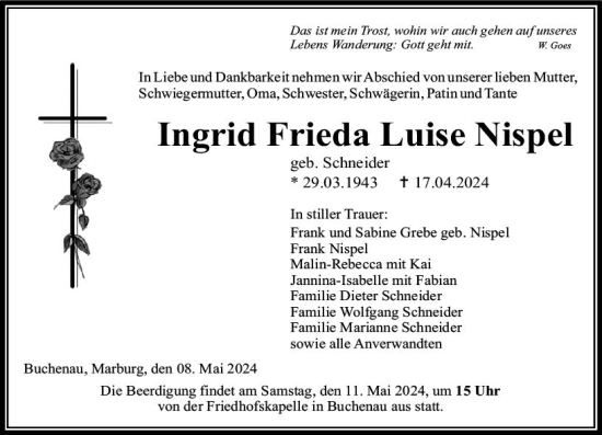 Traueranzeige von Ingrid Frieda Luise Nispel von Hinterländer Anzeiger