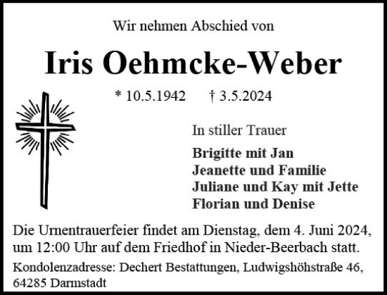 Traueranzeige von Iris Oehmcke-Weber von Darmstädter Echo