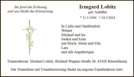 Traueranzeige von Irmgard Lobitz von Rüsselsheimer Echo
