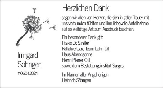 Traueranzeige von Irmgard Söhngen von Wetzlarer Neue Zeitung