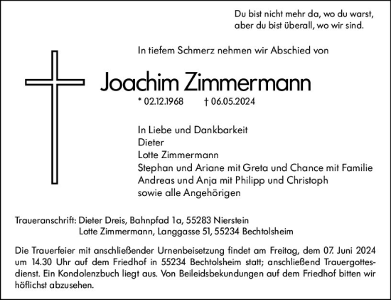Traueranzeige von Joachim Zimmermann von Allgemeine Zeitung Alzey