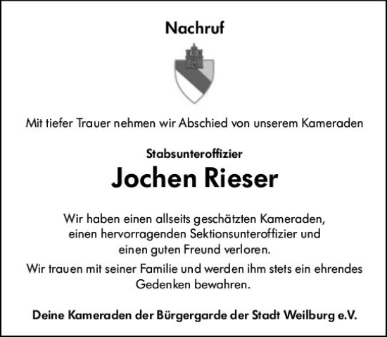Traueranzeige von Jochen Rieser von Weilburger Tageblatt