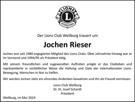 Traueranzeige von Jochen Rieser von Weilburger Tageblatt