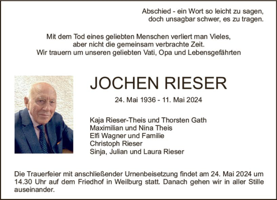Traueranzeige von Jochen Rieser von Weilburger Tageblatt