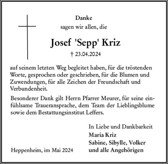 Traueranzeige von Josef  Kriz von Starkenburger Echo