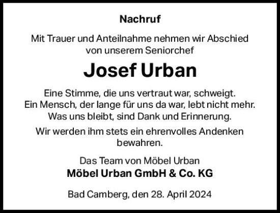 Traueranzeige von Josef Urban von Camberger Anzeiger