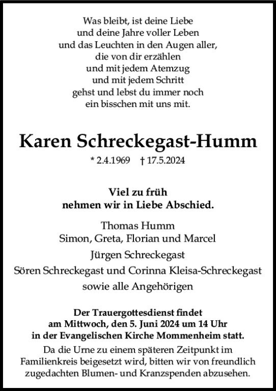 Traueranzeige von Karen Schreckegast-Humm von Allgemeine Zeitung Mainz