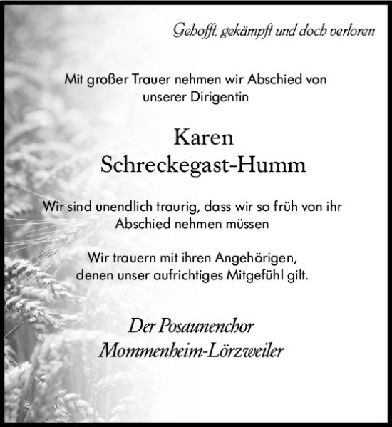 Traueranzeige von Karen Schreckegast-Humm von Allgemeine Zeitung Mainz