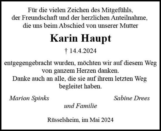 Traueranzeige von Karin Haupt von Rüsselsheimer Echo