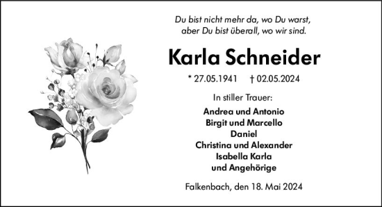 Traueranzeige von Karla Schneider von Weilburger Tageblatt