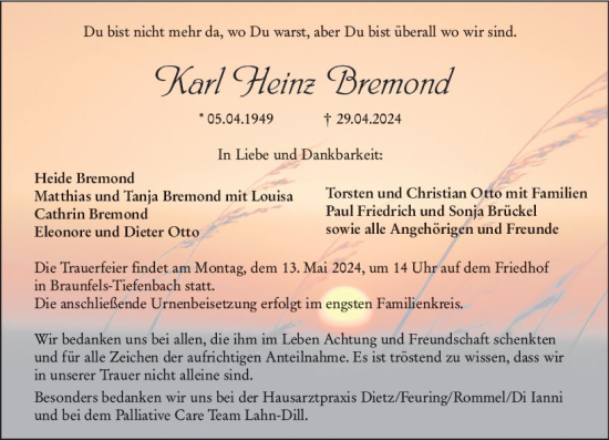 Traueranzeige von Karl Heinz Bremond von Wetzlarer Neue Zeitung