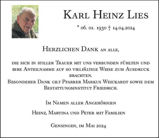 Traueranzeige von Karl Heinz Lies von Allgemeine Zeitung Bingen/Ingelheim