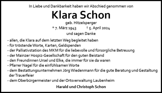 Traueranzeige von Klara Schon von Allgemeine Zeitung Mainz