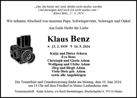 Traueranzeige von Klaus Benz von Allgemeine Zeitung Mainz