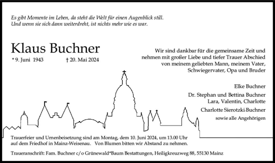 Traueranzeige von Klaus Buchner von Allgemeine Zeitung Mainz