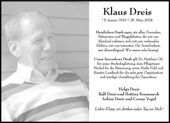 Traueranzeige von Klaus Dreis von Wiesbadener Kurier