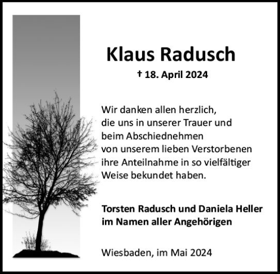 Traueranzeige von Klaus Radusch von Wiesbadener Kurier