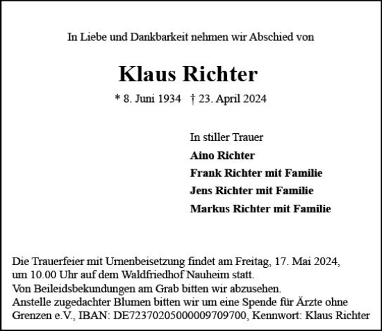 Traueranzeige von Klaus Richter von Rüsselsheimer Echo
