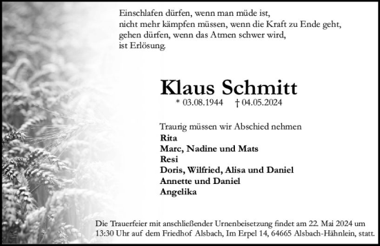 Traueranzeige von Klaus Schmitt von Darmstädter Echo