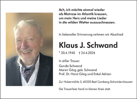 Traueranzeige von Klaus Schwand von Camberger Anzeiger