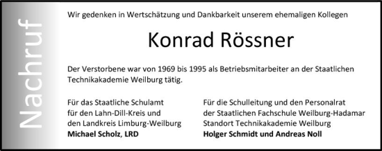 Traueranzeige von Konrad Rössner von Weilburger Tageblatt
