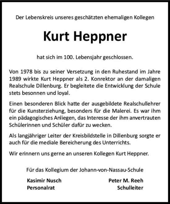 Traueranzeige von Kurt Heppner von Dill Block