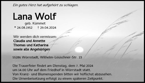 Traueranzeige von Lana Wolf von Allgemeine Zeitung Alzey