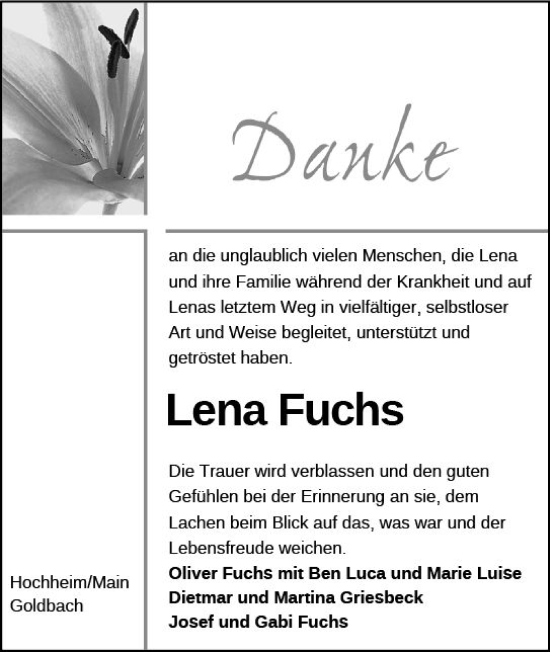 Traueranzeige von Lena Fuchs von Hochheimer Zeitung