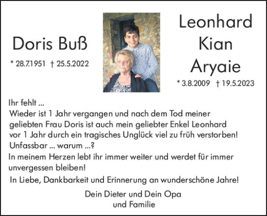 Traueranzeige von Leonhard Kian Aryaie von Wiesbadener Kurier