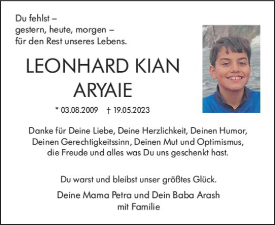 Traueranzeige von Leonhard Kian Aryaie von Wiesbadener Kurier