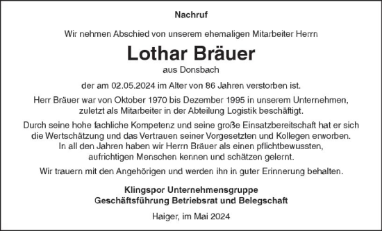 Traueranzeige von Lothar Bräuer von Dill Block