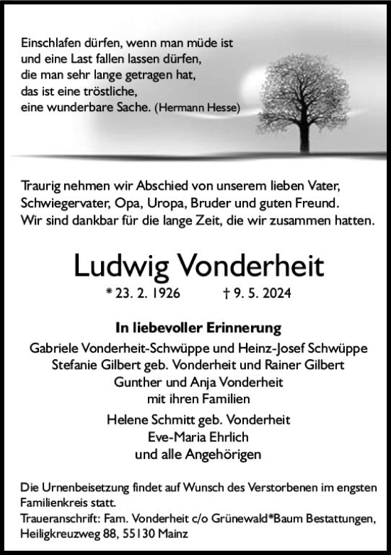 Traueranzeige von Ludwig Vonderheit von Allgemeine Zeitung Mainz