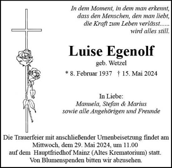 Traueranzeige von Luise Egenolf von Allgemeine Zeitung Mainz