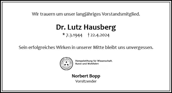 Traueranzeige von Lutz Hausberg von Wiesbadener Kurier