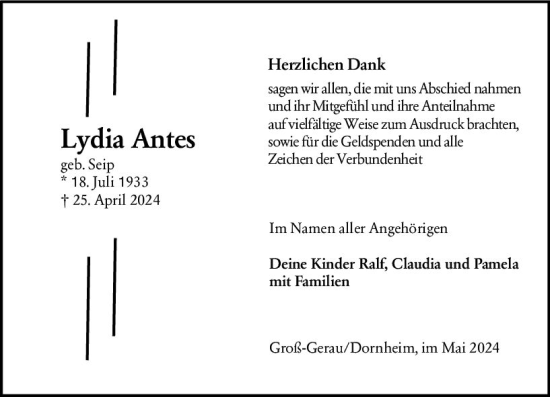 Traueranzeige von Lydia Antes von Groß-Gerauer Echo