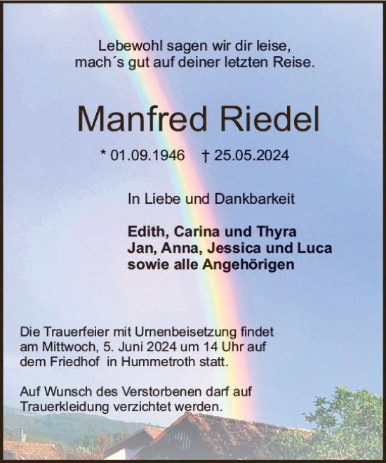 Traueranzeige von Manfred Riedel von Odenwälder Echo