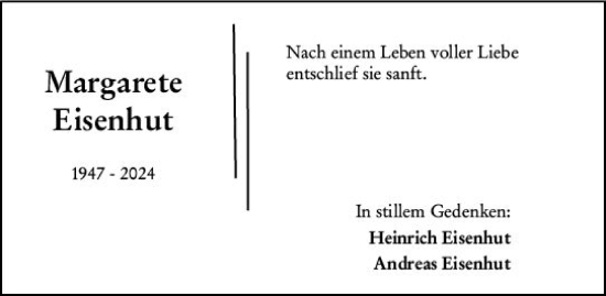 Traueranzeige von Margarete Eisenhut von Hinterländer Anzeiger