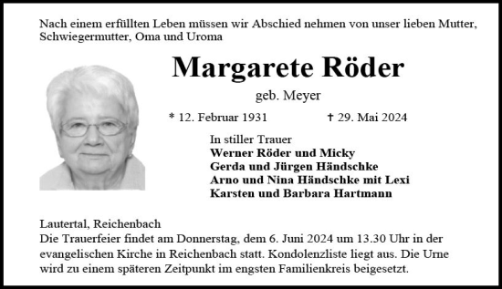 Traueranzeige von Margarete Röder von Odenwälder Echo