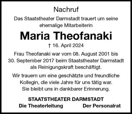 Traueranzeige von Maria Theofanaki von Darmstädter Echo