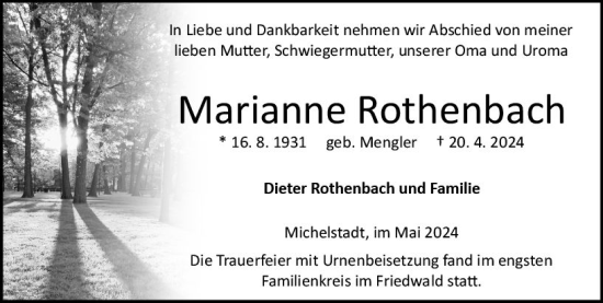Traueranzeige von Marianne Rothenbach von Odenwälder Echo