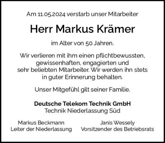 Traueranzeige von Markus Krämer von Odenwälder Echo