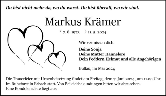 Traueranzeige von Markus Krämer von Odenwälder Echo