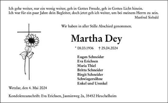 Traueranzeige von Martha Dey von Wetzlarer Neue Zeitung