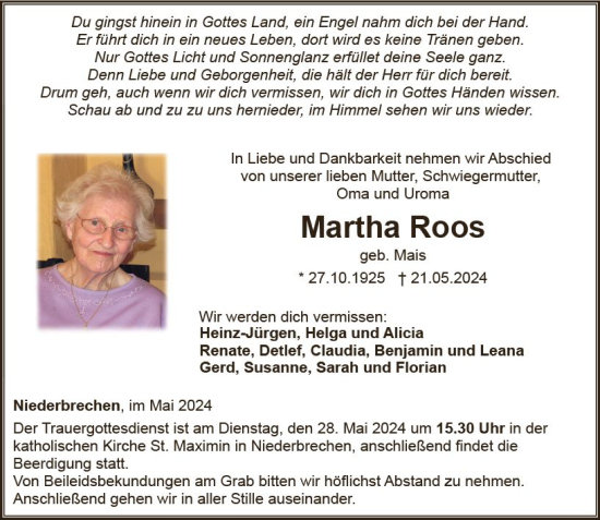 Traueranzeige von Martha Roos von Nassauische Neue Presse