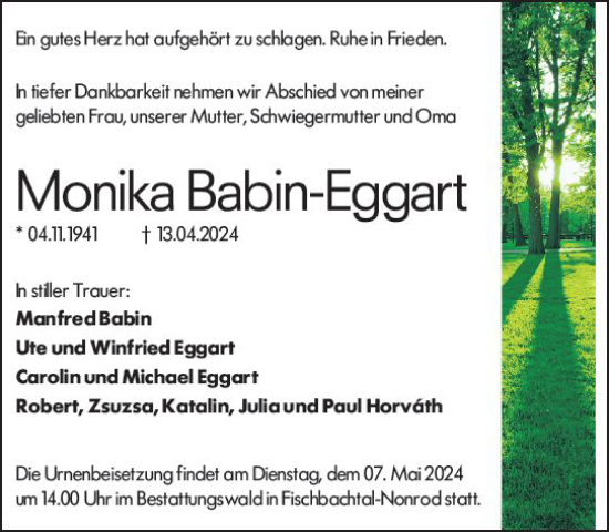 Traueranzeige von Monika Babin-Eggart von Darmstädter Echo