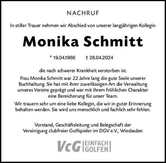Traueranzeige von Monika Schmitt von Wiesbadener Kurier