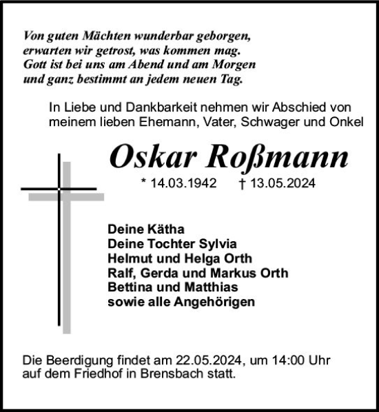 Traueranzeige von Oskar Roßmann von Odenwälder Echo