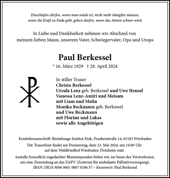 Traueranzeige von Paul Berkessel von Wiesbadener Kurier